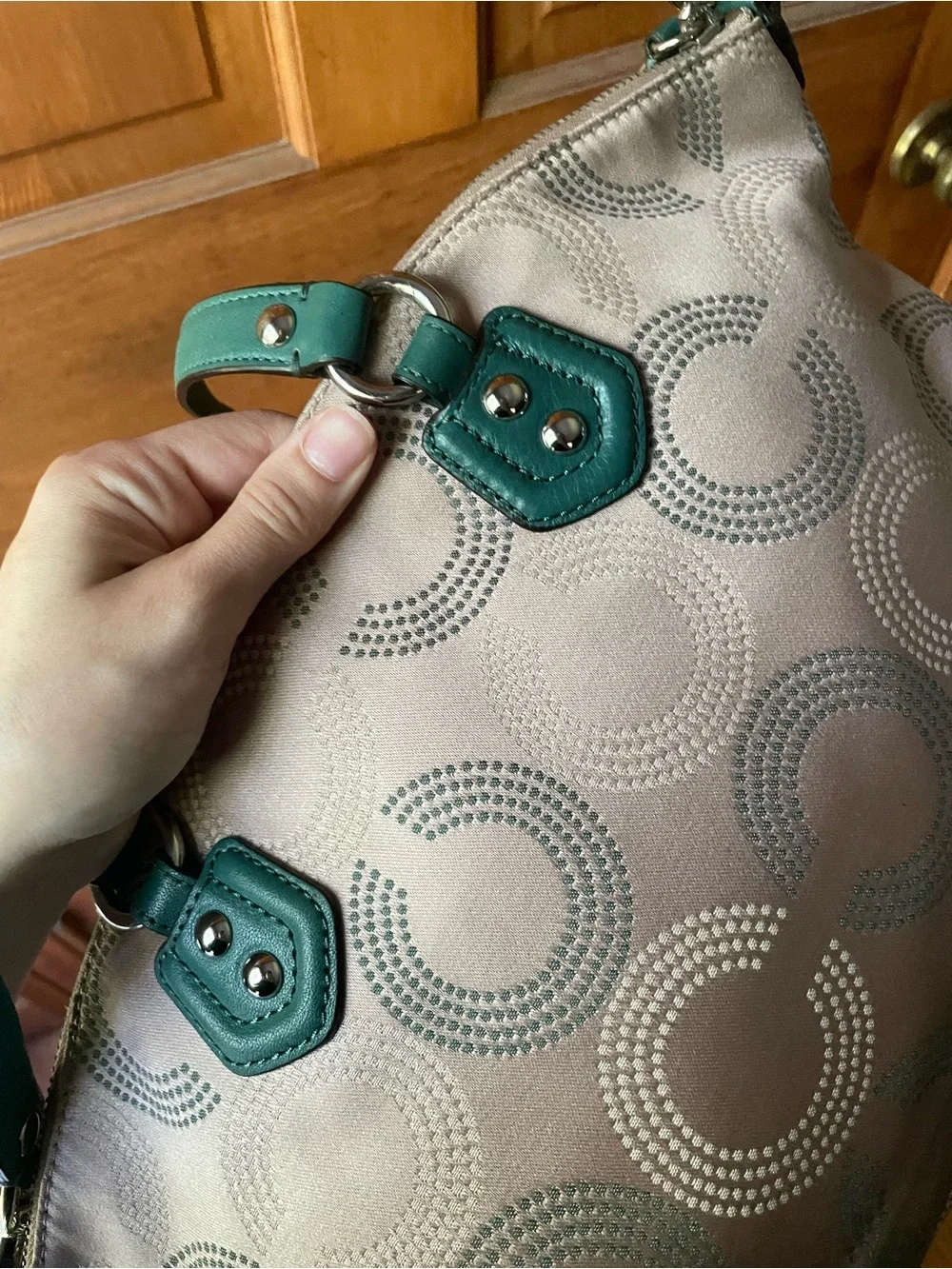 Coach Sabrina Signature C Print Sateen Fabric w/Green Leather Trim F25183